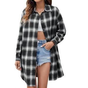 imageBlooming Jelly Womens Button Down Flannel Shirts Plaid Shacket Long Sleeve Collared Long Jacket CoatsBlack Plaid