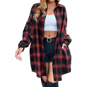 imageBlooming Jelly Womens Button Down Flannel Shirts Plaid Shacket Long Sleeve Collared Long Jacket CoatsBlackred Plaid