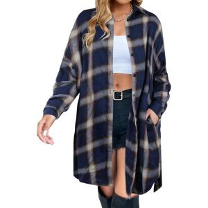 imageBlooming Jelly Womens Button Down Flannel Shirts Plaid Shacket Long Sleeve Collared Long Jacket CoatsBluebrown Plaid