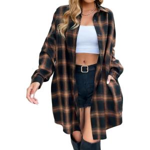 imageBlooming Jelly Womens Button Down Flannel Shirts Plaid Shacket Long Sleeve Collared Long Jacket CoatsBrown