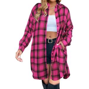 imageBlooming Jelly Womens Button Down Flannel Shirts Plaid Shacket Long Sleeve Collared Long Jacket CoatsHot Pink Plaid