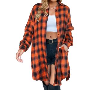 imageBlooming Jelly Womens Button Down Flannel Shirts Plaid Shacket Long Sleeve Collared Long Jacket CoatsOrange and Black Plaid