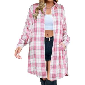 imageBlooming Jelly Womens Button Down Flannel Shirts Plaid Shacket Long Sleeve Collared Long Jacket CoatsPink Plaid
