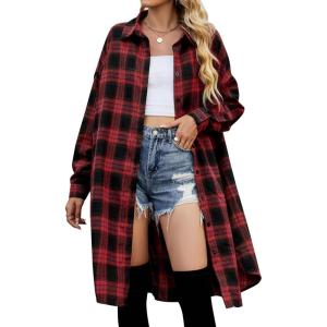 imageBlooming Jelly Womens Button Down Flannel Shirts Plaid Shacket Long Sleeve Collared Long Jacket CoatsRed Plaid 02