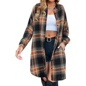 imageBlooming Jelly Womens Button Down Flannel Shirts Plaid Shacket Long Sleeve Collared Long Jacket CoatsSandy Brown and Black Plaid