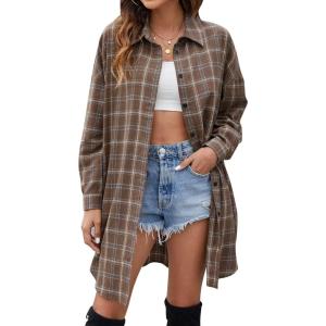 imageBlooming Jelly Womens Button Down Flannel Shirts Plaid Shacket Long Sleeve Collared Long Jacket CoatsSienna Plaid