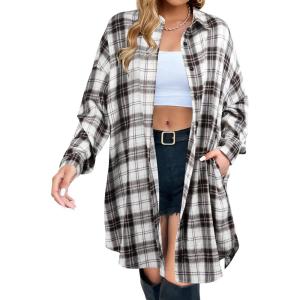 imageBlooming Jelly Womens Button Down Flannel Shirts Plaid Shacket Long Sleeve Collared Long Jacket CoatsWhite Plaid