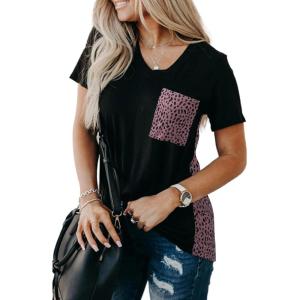 imageBlooming Jelly Womens Leopard Print Tops Loose V Neck Shirts Short Sleeve Blouses with PocketBlack  Deep Purple