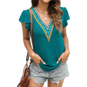 imageBlooming Jelly Womens Summer Short Sleeve T Shirts Boho Casual Trendy Tops Lace V Neck Ruffle Blouses Business TopsTeal