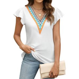 imageBlooming Jelly Womens Summer Short Sleeve T Shirts Boho Casual Trendy Tops Lace V Neck Ruffle Blouses Business TopsWhite