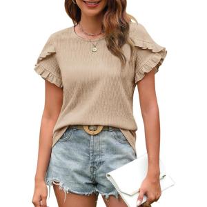 imageBlooming Jelly Womens Summer Short Sleeve Tops Dressy Casual Blouse Trendy Spring Cute Ruffle ShirtBeige