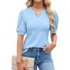 imageBlooming Jelly Womens Dressy Casual Tops Puff Sleeve Work Blouses Pleated V Neck T ShirtsLight Blue