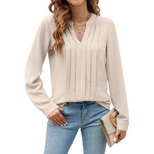 imageBlooming Jelly Womens Dressy Casual Blouses Business Work Tops Long Sleeve V Neck Pleated Shirts 2025 Fall OutfitsApricot