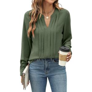 imageBlooming Jelly Womens Dressy Casual Blouses Business Work Tops Long Sleeve V Neck Pleated Shirts 2025 Fall OutfitsArmy Green