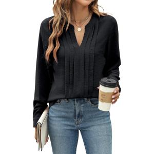imageBlooming Jelly Womens Dressy Casual Blouses Business Work Tops Long Sleeve V Neck Pleated Shirts 2025 Fall OutfitsBlack