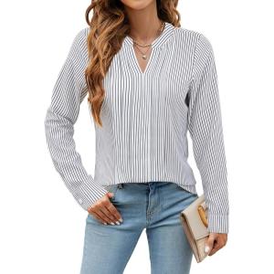 imageBlooming Jelly Womens Dressy Casual Blouses Business Work Tops Long Sleeve V Neck Pleated Shirts 2025 Fall OutfitsBlack Striped