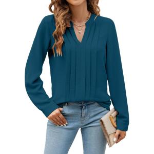 imageBlooming Jelly Womens Dressy Casual Blouses Business Work Tops Long Sleeve V Neck Pleated Shirts 2025 Fall OutfitsBlue