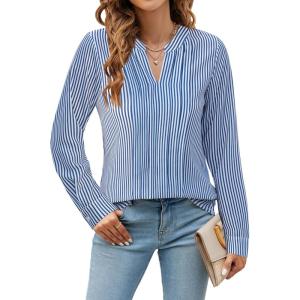 imageBlooming Jelly Womens Dressy Casual Blouses Business Work Tops Long Sleeve V Neck Pleated Shirts 2025 Fall OutfitsBlue Striped
