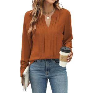 imageBlooming Jelly Womens Dressy Casual Blouses Business Work Tops Long Sleeve V Neck Pleated Shirts 2025 Fall OutfitsCaramel