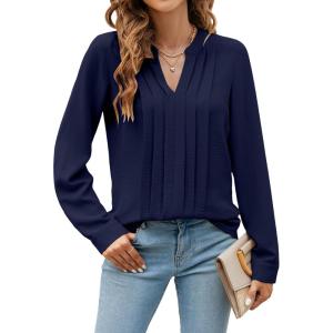 imageBlooming Jelly Womens Dressy Casual Blouses Business Work Tops Long Sleeve V Neck Pleated Shirts 2025 Fall OutfitsDark Blue