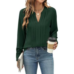 imageBlooming Jelly Womens Dressy Casual Blouses Business Work Tops Long Sleeve V Neck Pleated Shirts 2025 Fall OutfitsDark Green