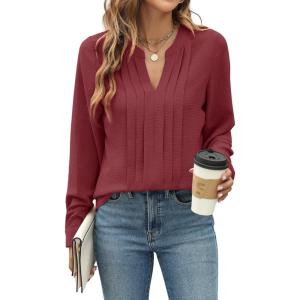 imageBlooming Jelly Womens Dressy Casual Blouses Business Work Tops Long Sleeve V Neck Pleated Shirts 2025 Fall OutfitsDark Red