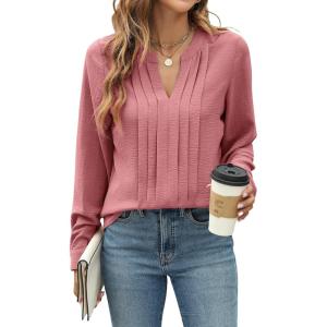 imageBlooming Jelly Womens Dressy Casual Blouses Business Work Tops Long Sleeve V Neck Pleated Shirts 2025 Fall OutfitsDusty Pink