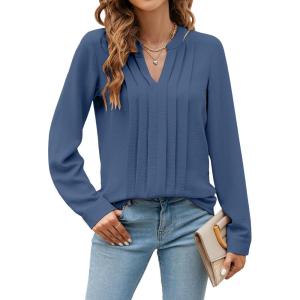 imageBlooming Jelly Womens Dressy Casual Blouses Business Work Tops Long Sleeve V Neck Pleated Shirts 2025 Fall OutfitsGrey Blue