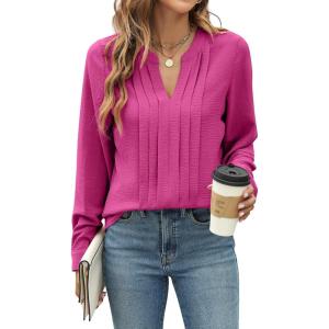 imageBlooming Jelly Womens Dressy Casual Blouses Business Work Tops Long Sleeve V Neck Pleated Shirts 2025 Fall OutfitsHot Pink