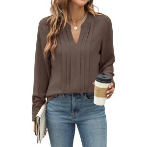 imageBlooming Jelly Womens Dressy Casual Blouses Business Work Tops Long Sleeve V Neck Pleated Shirts 2025 Fall OutfitsLight Brown
