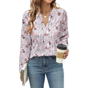 imageBlooming Jelly Womens Dressy Casual Blouses Business Work Tops Long Sleeve V Neck Pleated Shirts 2025 Fall OutfitsPink Floral
