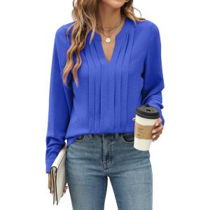 imageBlooming Jelly Womens Dressy Casual Blouses Business Work Tops Long Sleeve V Neck Pleated Shirts 2025 Fall OutfitsRoyal Blue
