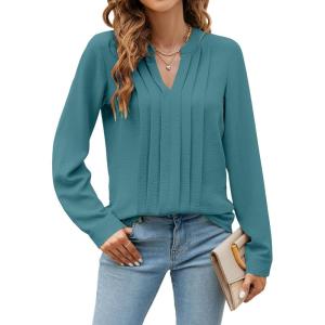 imageBlooming Jelly Womens Dressy Casual Blouses Business Work Tops Long Sleeve V Neck Pleated Shirts 2025 Fall OutfitsTurquoise