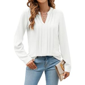 imageBlooming Jelly Womens Dressy Casual Blouses Business Work Tops Long Sleeve V Neck Pleated Shirts 2025 Fall OutfitsWhite