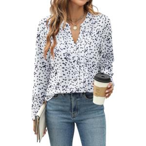 imageBlooming Jelly Womens Dressy Casual Blouses Business Work Tops Long Sleeve V Neck Pleated Shirts 2025 Fall OutfitsWhite and Black Spots