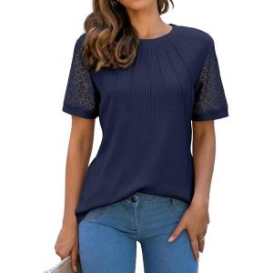 imageBlooming Jelly Womens Dressy Casual Blouses Business Work Tops Short Sleeve Waffle Knit Shirts 2025 Summer OutfitsDark Blue