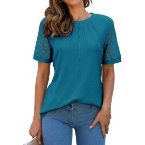 imageBlooming Jelly Womens Dressy Casual Blouses Business Work Tops Short Sleeve Waffle Knit Shirts 2025 Summer OutfitsTeal