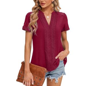 imageBlooming Jelly Womens Dressy Casual Blouses Short Sleeve V Neck Business Tops Summer Ladies Trendy Boho Office Work ShirtsCrimson