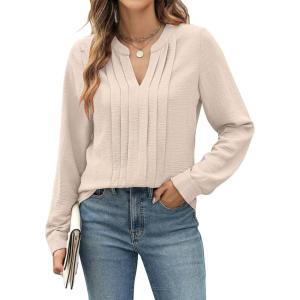 imageBlooming Jelly Womens Dressy Casual Top Business Work Shirt Long Sleeve V Neck Pleated Blouse Fall Outfits 2024Apricot