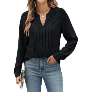 imageBlooming Jelly Womens Dressy Casual Top Business Work Shirt Long Sleeve V Neck Pleated Blouse Fall Outfits 2024Black