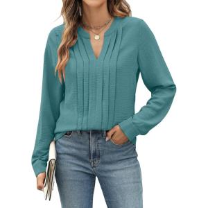 imageBlooming Jelly Womens Dressy Casual Top Business Work Shirt Long Sleeve V Neck Pleated Blouse Fall Outfits 2024Turquoise
