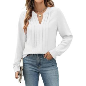 imageBlooming Jelly Womens Dressy Casual Top Business Work Shirt Long Sleeve V Neck Pleated Blouse Fall Outfits 2024White