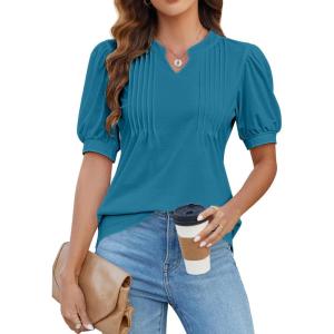 imageBlooming Jelly Womens Dressy Casual Tops Puff Sleeve Work Blouses Pleated V Neck T ShirtsBlue Green