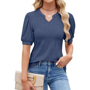 imageBlooming Jelly Womens Dressy Casual Tops Puff Sleeve Work Blouses Pleated V Neck T ShirtsDark Blue
