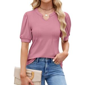 imageBlooming Jelly Womens Dressy Casual Tops Puff Sleeve Work Blouses Pleated V Neck T ShirtsPink