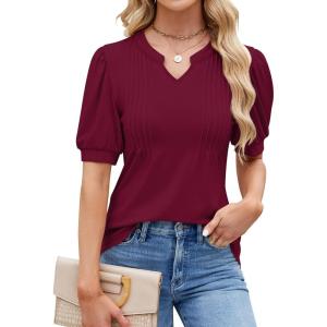 imageBlooming Jelly Womens Dressy Casual Tops Puff Sleeve Work Blouses Pleated V Neck T ShirtsWine Red
