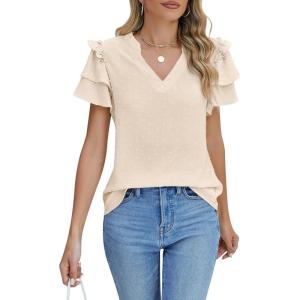 imageBlooming Jelly Womens Dressy Casual Tops Summer V Neck Short Sleeve Blouse Business Work T Shirts with PocketApricot024