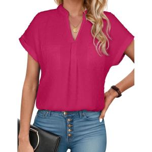 imageBlooming Jelly Womens Dressy Casual Tops Summer V Neck Short Sleeve Blouse Business Work T Shirts with PocketMegenta
