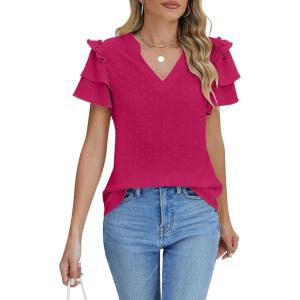 imageBlooming Jelly Womens Dressy Casual Tops Summer V Neck Short Sleeve Blouse Business Work T Shirts with PocketMegenta024