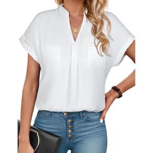 imageBlooming Jelly Womens Dressy Casual Tops Summer V Neck Short Sleeve Blouse Business Work T Shirts with PocketWhite